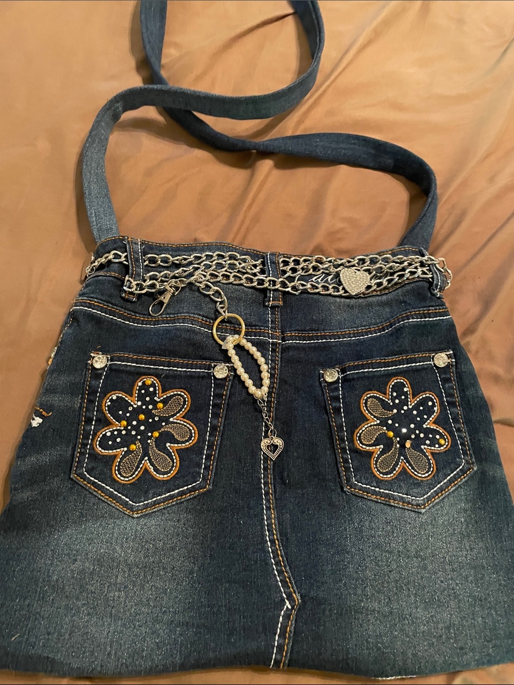 Handcrafted Denim crossbody Bag with Heart Patch and heart charms 11x13 - Picture 2 of 2